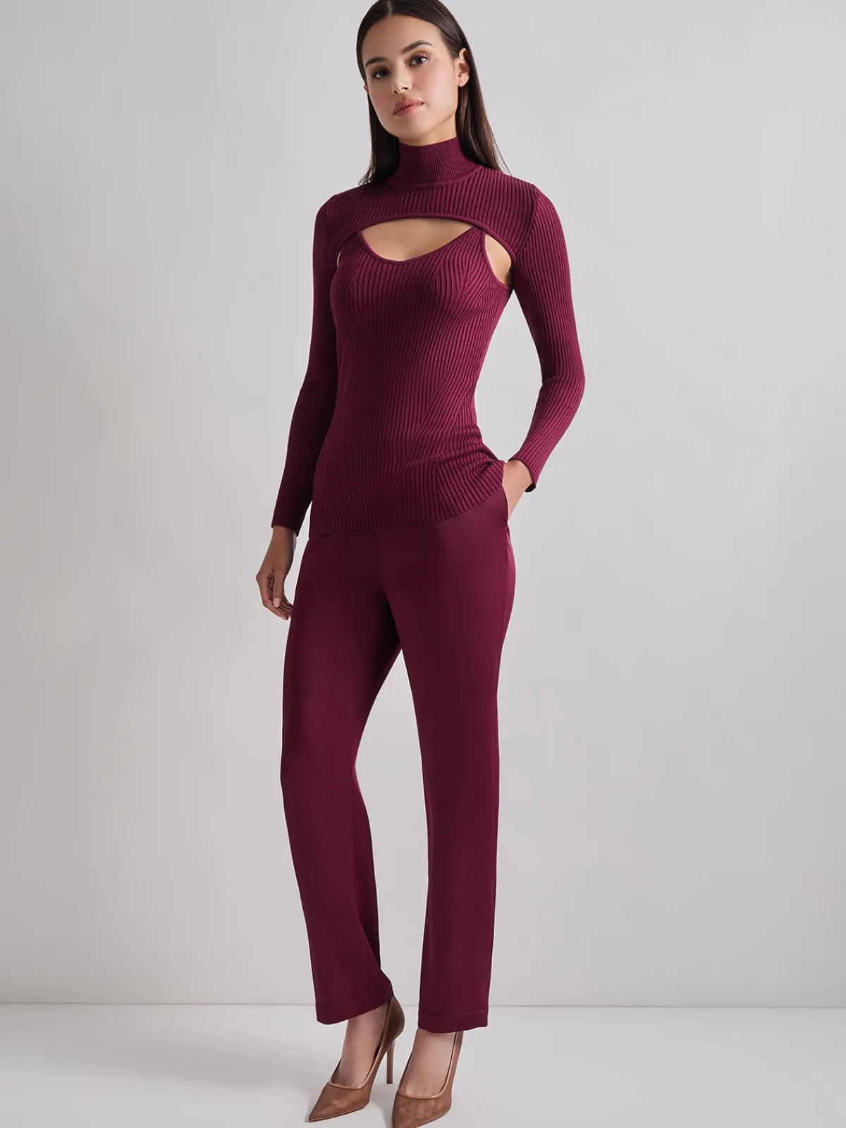 Tops & Tees|Misook Modern Fit Convertible Ribbed Soft Knit Top Sangria