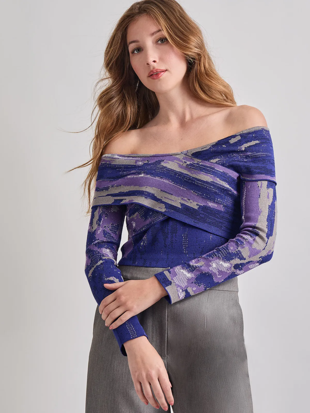 Tops & Tees|Misook Modern Fit Cropped Cross Body Watercolor Soft Knit Top StarryNightBlue/PlumRoyale/Mink/NewIvory/Black