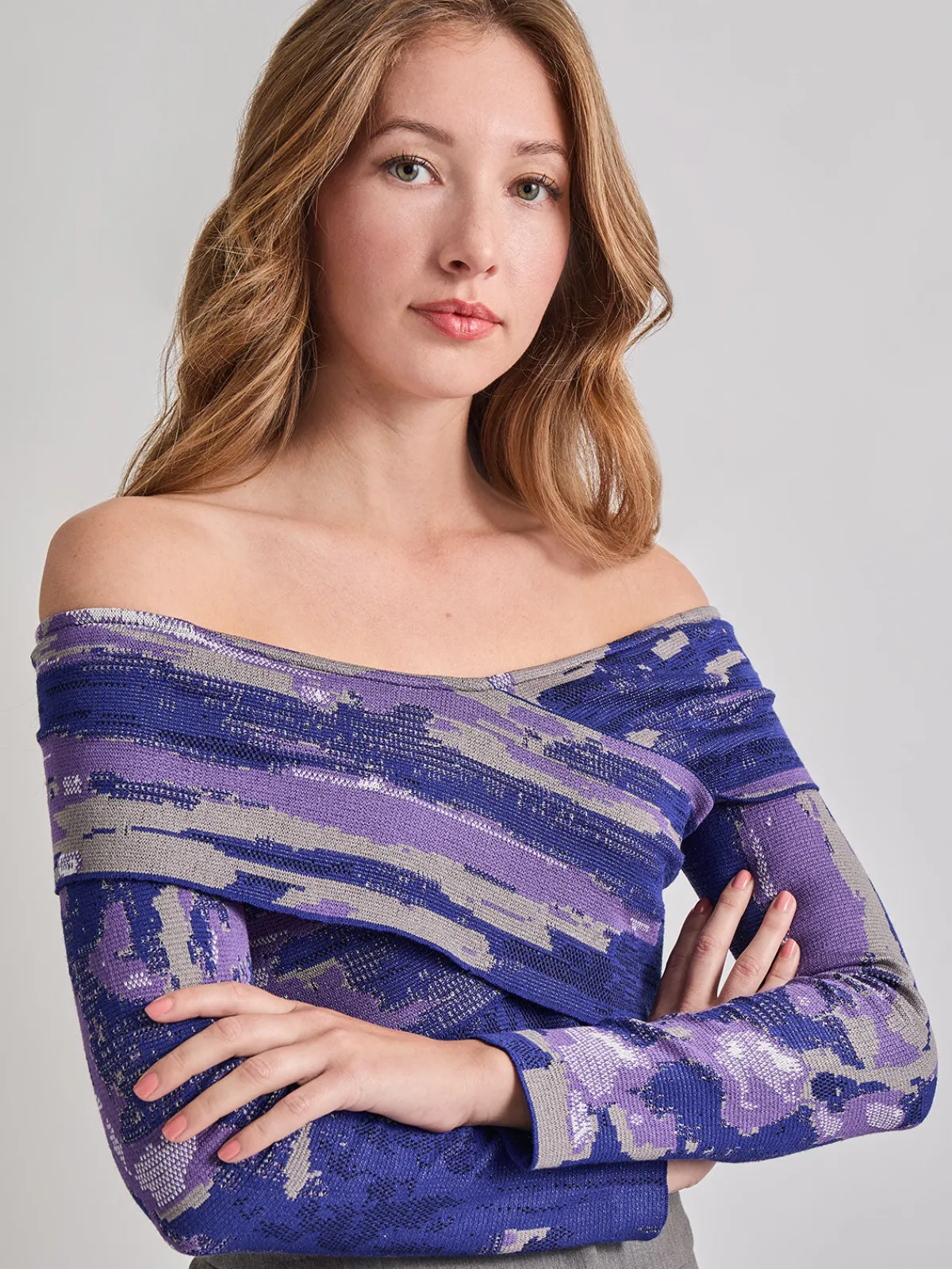 Tops & Tees|Misook Modern Fit Cropped Cross Body Watercolor Soft Knit Top StarryNightBlue/PlumRoyale/Mink/NewIvory/Black