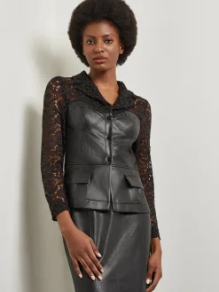 Jackets & Coats|Misook Modern Fit Lace & Vegan Leather Corset Jacket Black
