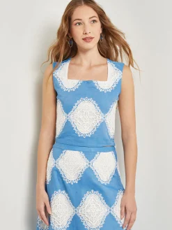Tops & Tees|Tanks|Misook Modern Fit Lace Inset Woven Cropped Tank AdriaticBlue/White