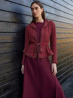 Jackets & Coats|Misook Modern Fit Linear Fringe Tweed Belted Knit Jacket Rouge/Macchiato/Mahogany/NewIvory