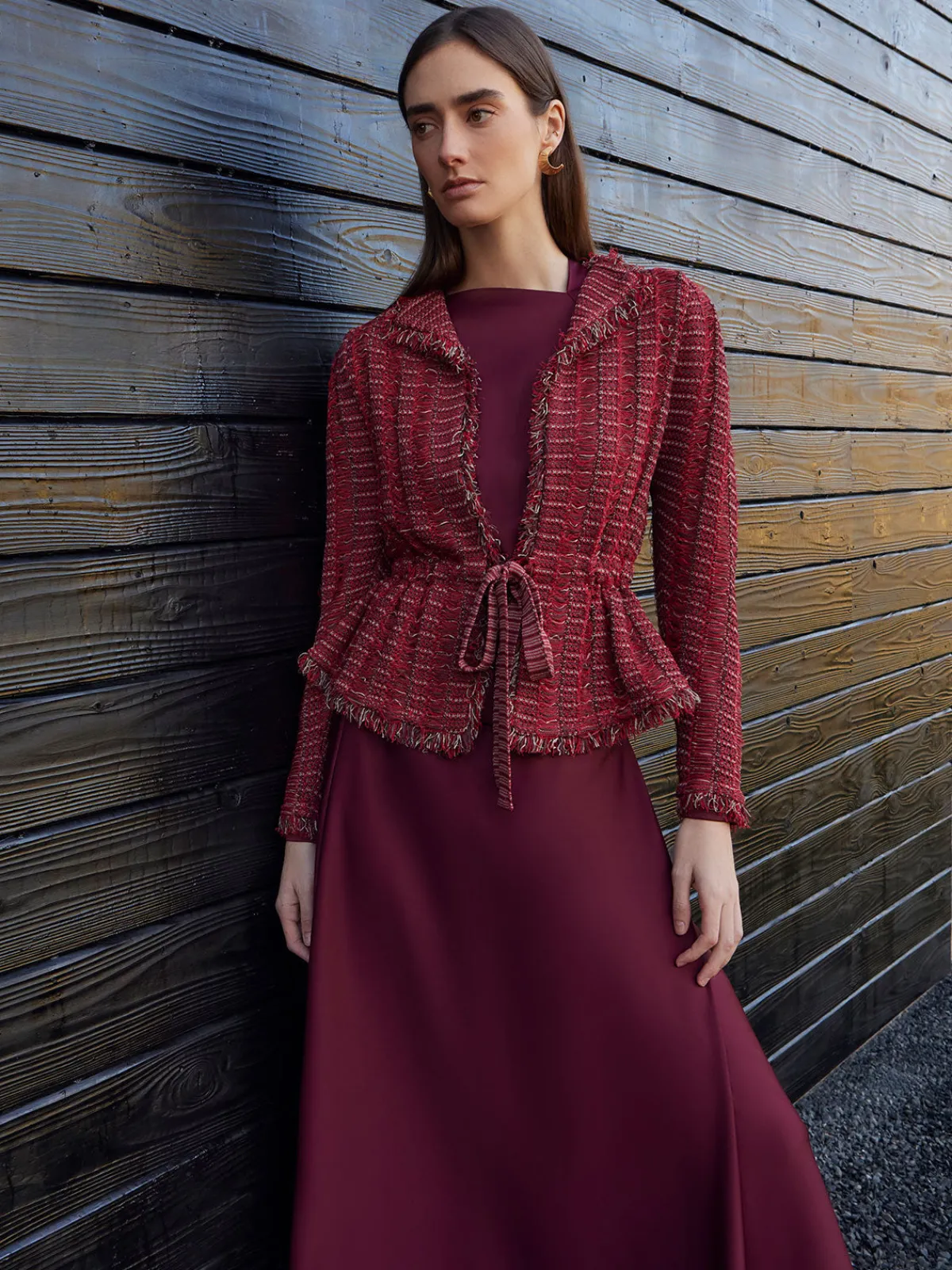 Jackets & Coats|Misook Modern Fit Linear Fringe Tweed Belted Knit Jacket Rouge/Macchiato/Mahogany/NewIvory