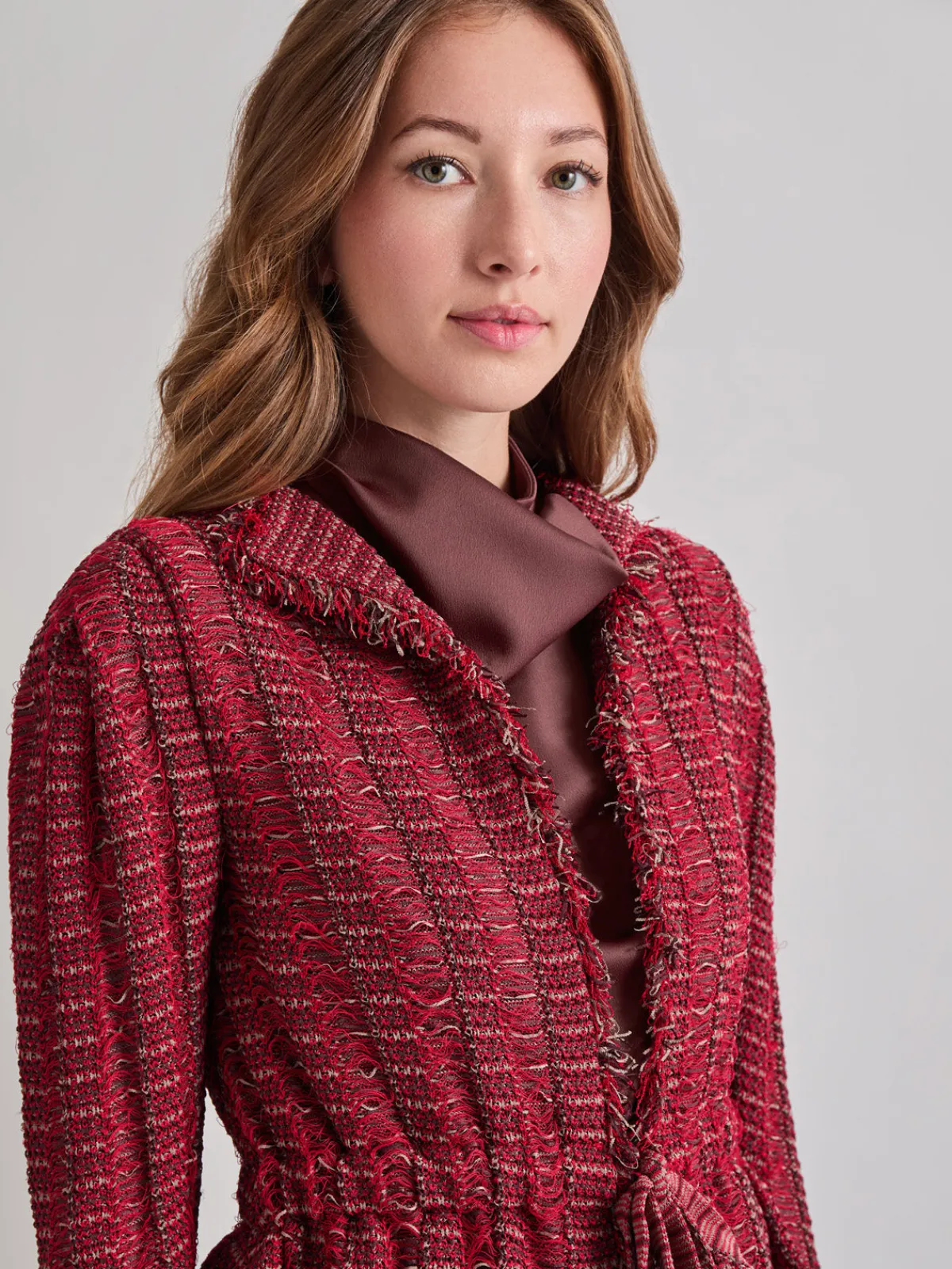 Jackets & Coats|Misook Modern Fit Linear Fringe Tweed Belted Knit Jacket Rouge/Macchiato/Mahogany/NewIvory