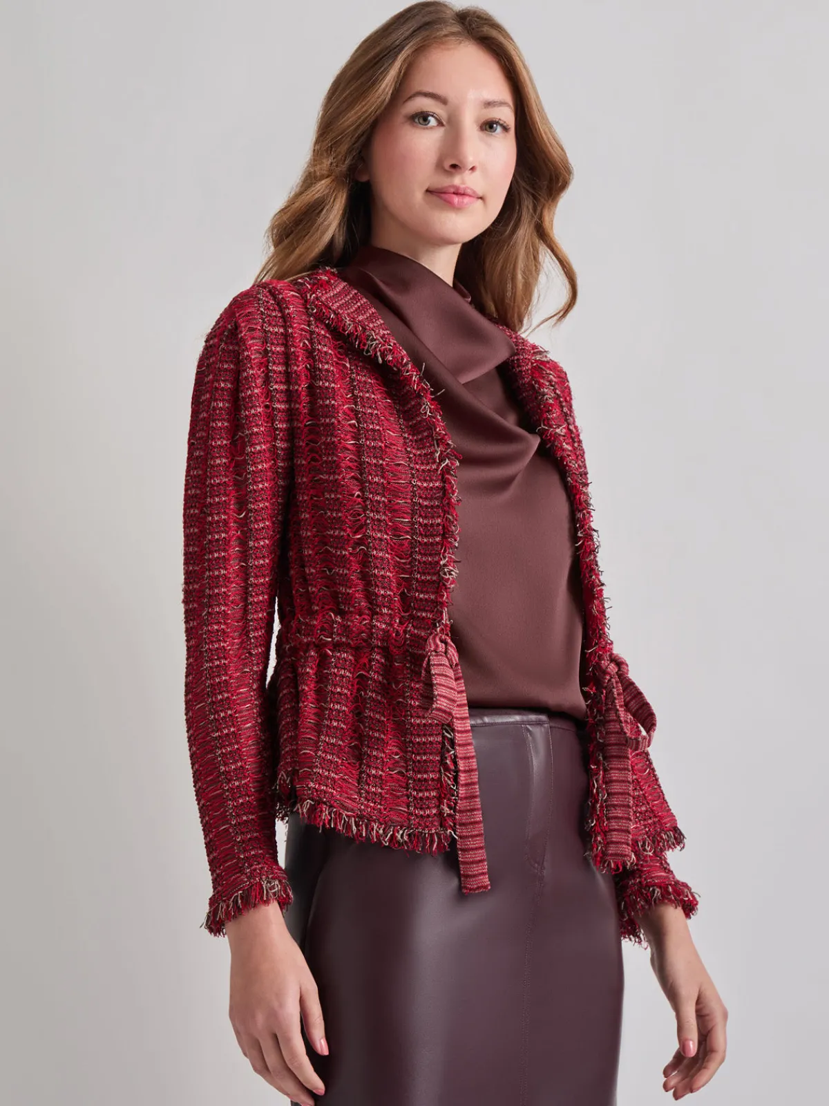Jackets & Coats|Misook Modern Fit Linear Fringe Tweed Belted Knit Jacket Rouge/Macchiato/Mahogany/NewIvory