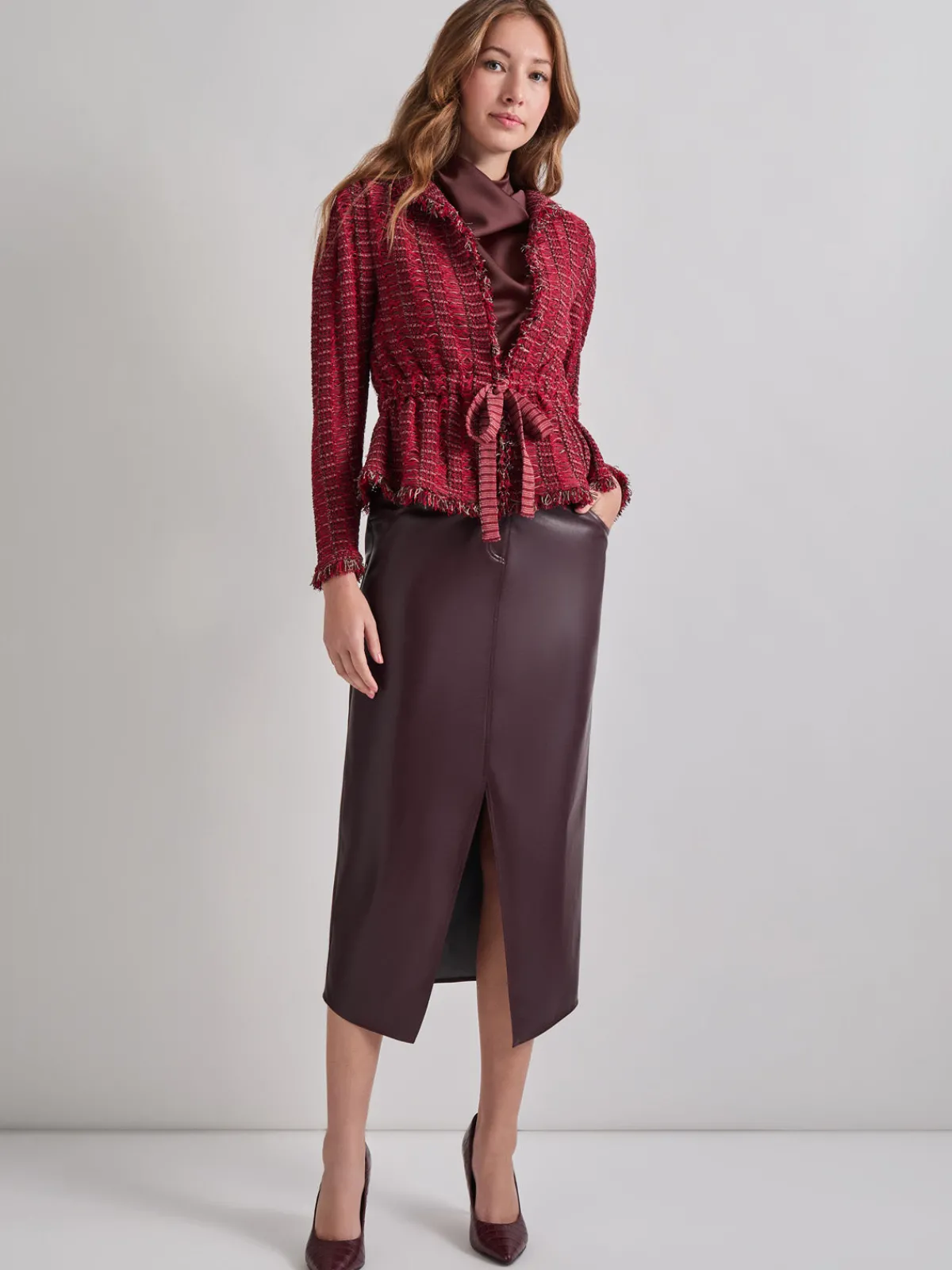 Jackets & Coats|Misook Modern Fit Linear Fringe Tweed Belted Knit Jacket Rouge/Macchiato/Mahogany/NewIvory