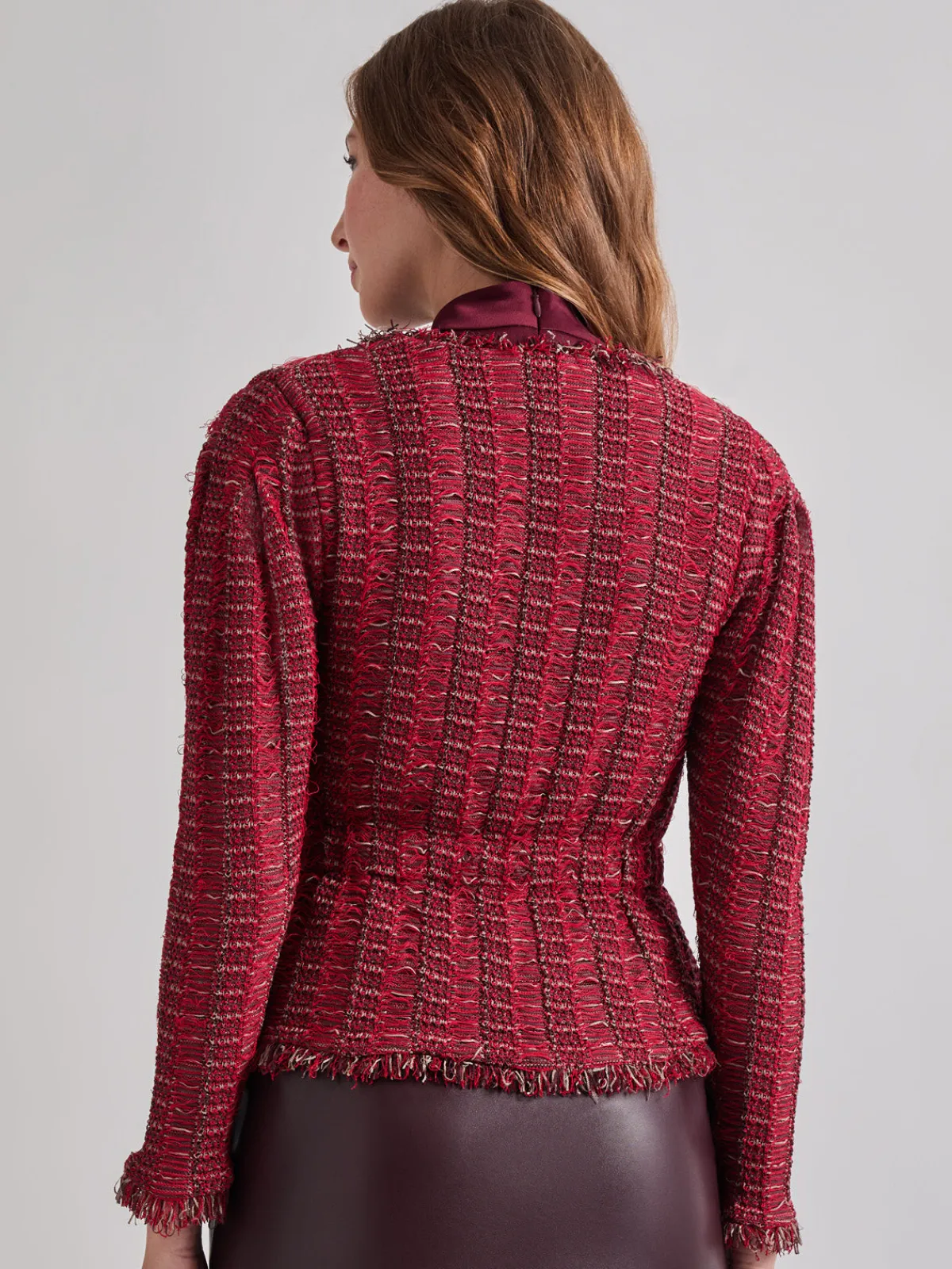Jackets & Coats|Misook Modern Fit Linear Fringe Tweed Belted Knit Jacket Rouge/Macchiato/Mahogany/NewIvory