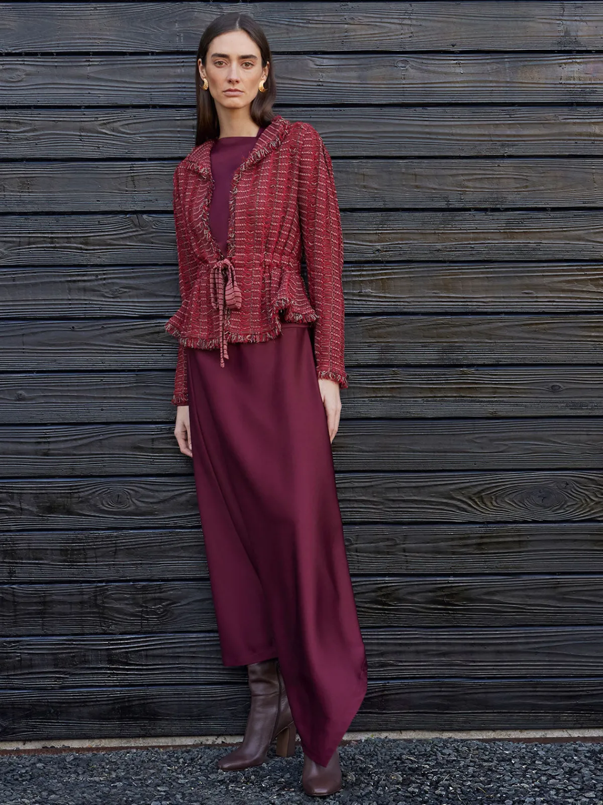 Jackets & Coats|Misook Modern Fit Linear Fringe Tweed Belted Knit Jacket Rouge/Macchiato/Mahogany/NewIvory