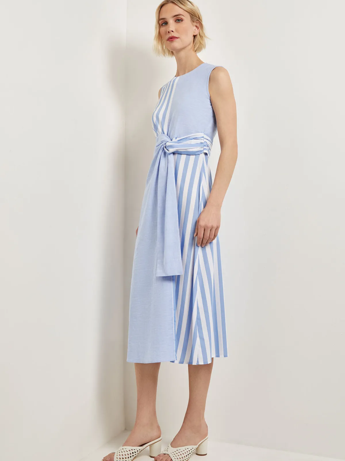 Dresses|Misook Modern Fit Midi A-Line Dress - Split Pattern Cotton AdriaticBlue/NewIvory