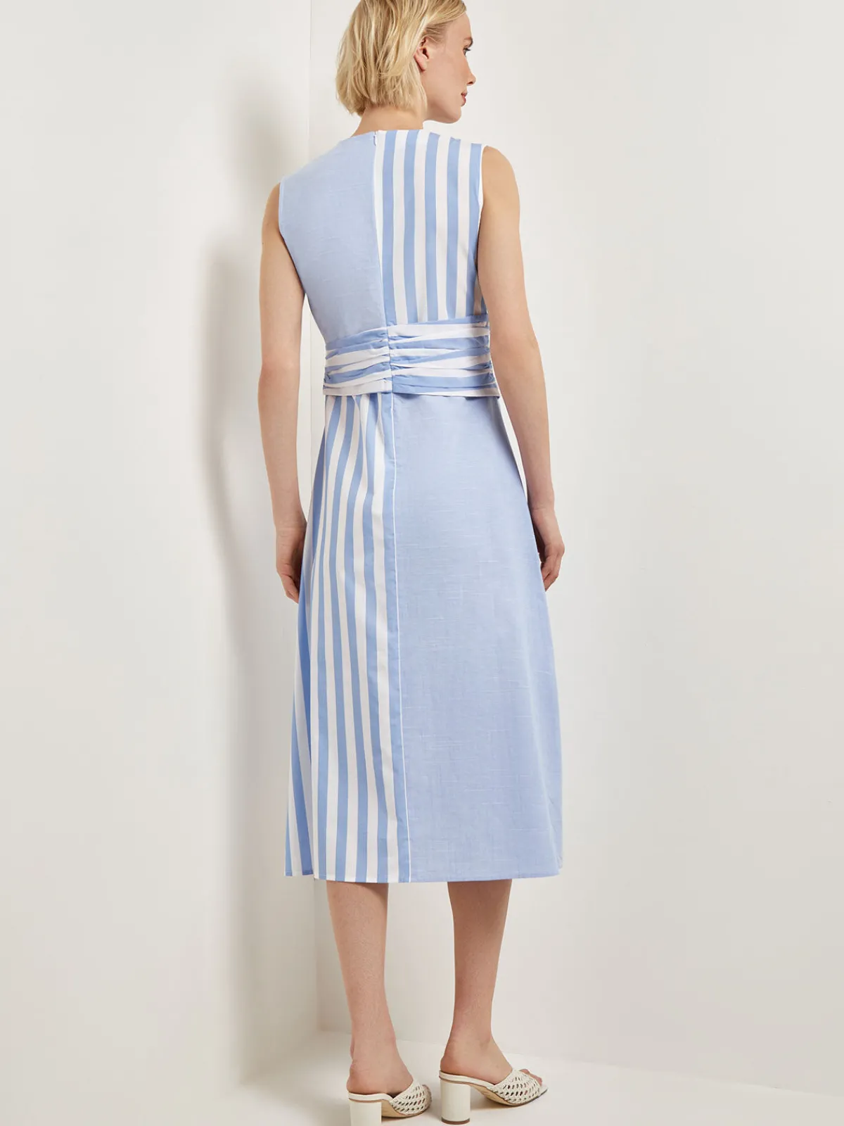 Dresses|Misook Modern Fit Midi A-Line Dress - Split Pattern Cotton AdriaticBlue/NewIvory