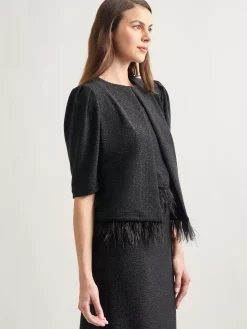 Jackets & Coats|Misook Modern Fit Ostrich Feather Trim Stretch Woven Jacket Black