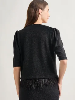 Jackets & Coats|Misook Modern Fit Ostrich Feather Trim Stretch Woven Jacket Black