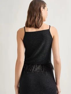 Tops & Tees|Tanks|Misook Modern Fit Ostrich Feather Trim Stretch Woven Tank Black
