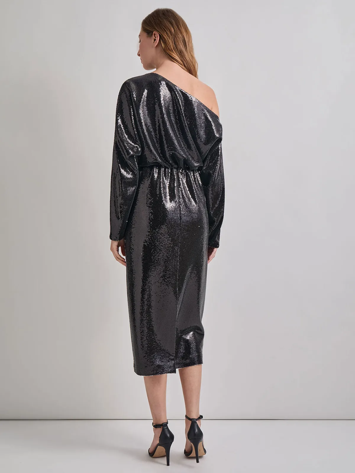 Dresses|Misook Modern Fit Sequin Novelty Woven Blouson Midi Dress Black