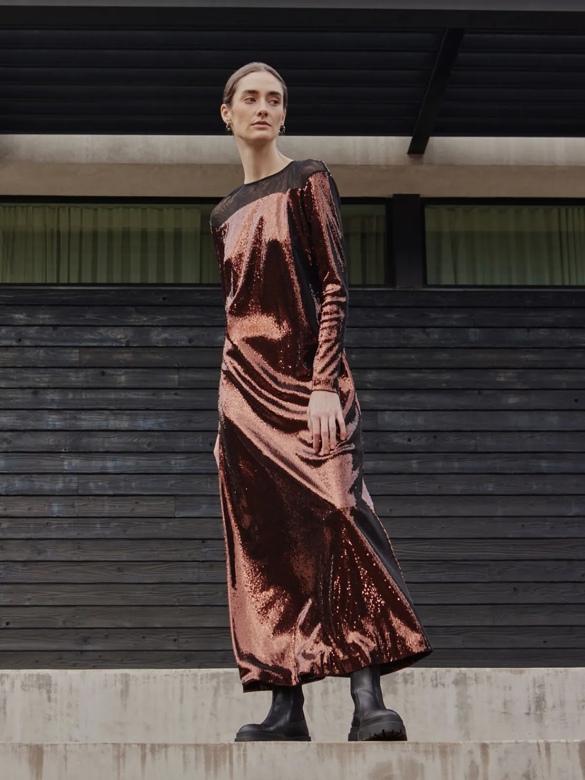 Dresses|Misook Modern Fit Sheer Shoulder Sequin A-Line Maxi Dress Mahogany