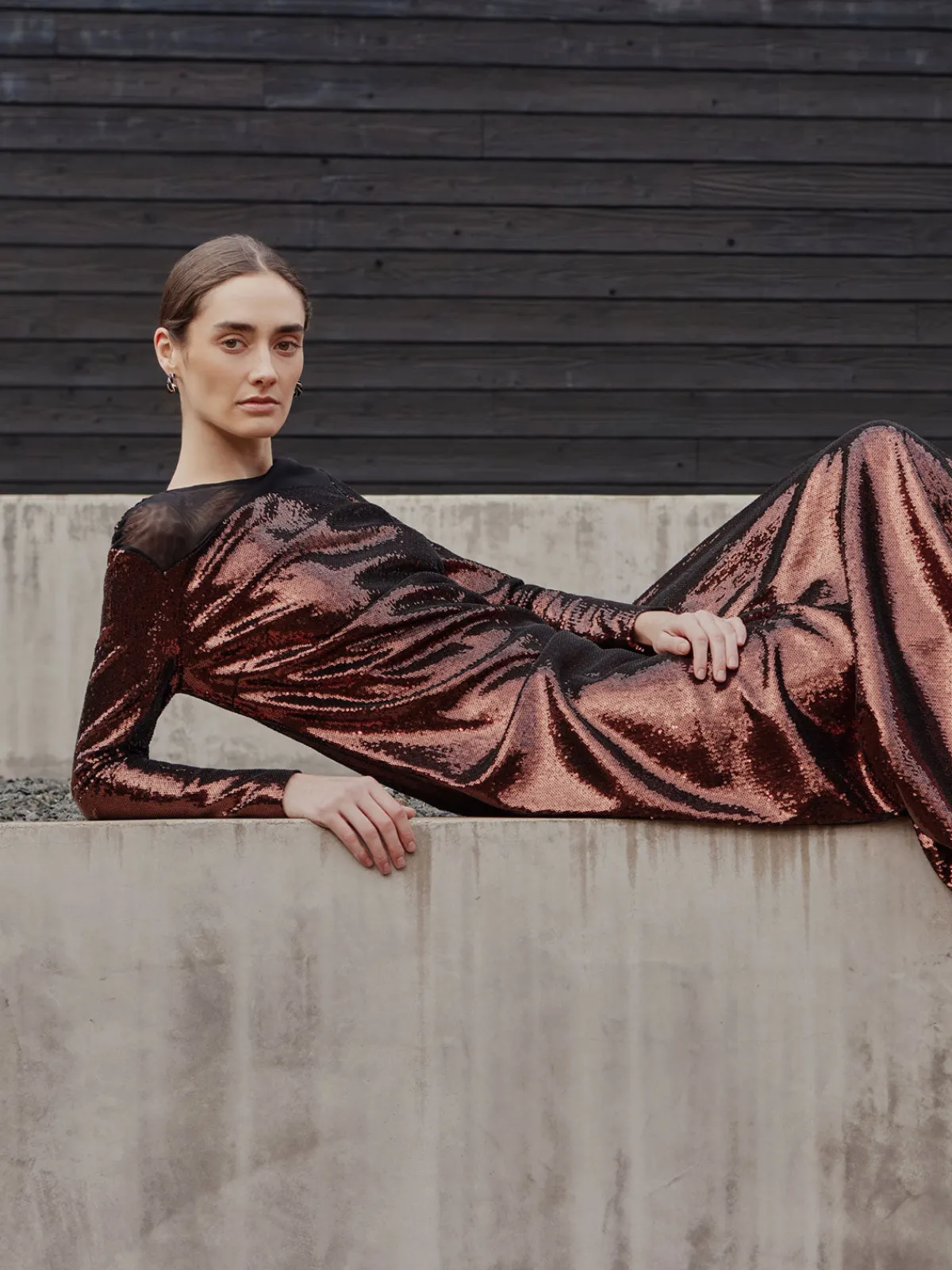 Dresses|Misook Modern Fit Sheer Shoulder Sequin A-Line Maxi Dress Mahogany