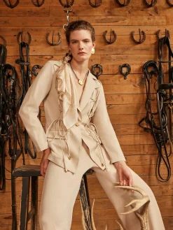 Jackets & Coats|Misook Modern Fit Single Button Jacket - Lace Tie Detail Woven Biscotti