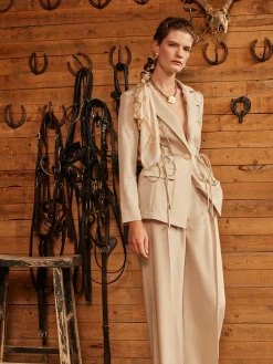 Jackets & Coats|Misook Modern Fit Single Button Jacket - Lace Tie Detail Woven Biscotti
