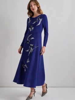 Dresses|Misook Modern Fit-and-Flare Embroidered Floral Knit Maxi Dress StarryNightBlue/Mink/NewIvory/Black