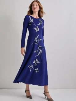 Dresses|Misook Modern Fit-and-Flare Embroidered Floral Knit Maxi Dress StarryNightBlue/Mink/NewIvory/Black