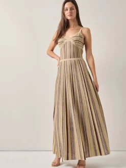 Dresses|Misook Modern Fit-and-Flare Lurex Striped Knit Maxi Dress Biscotti/Mahogany/Gold
