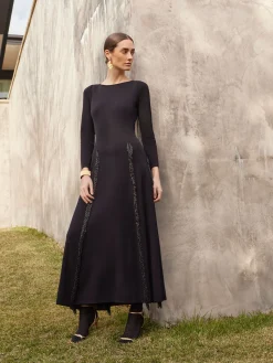 Dresses|Misook Modern Fit-and-Flare Sequin Princess Seam Knit Maxi Dress Black