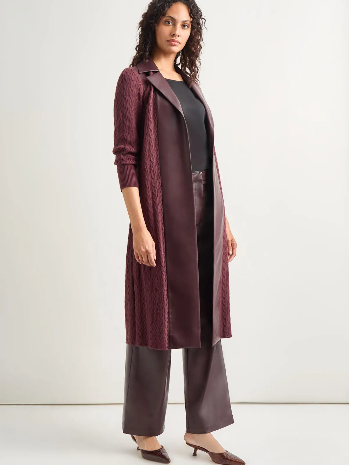 Jackets & Coats|Misook Notched Collar Long Mixed Media Jacket Mahogany