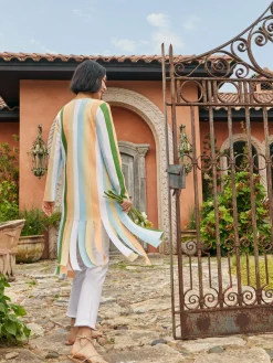 Jackets & Coats|Misook Open Neck Heritage Fit Jacket - Striped Intarsia Knit Fringe Hem PeachBlossom/CaribbeanMist/PaleGold/VerdantClover/White