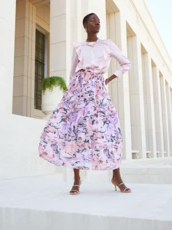 Skirts|Misook Pink Pleated Skirt - Floral Maxi Skirt | RosePetal/Macchiato/LavenderField/Spruce/Biscotti/White
