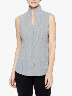 Blouses & Shirts|Tops & Tees|Misook Pinstripe Sleeveless Stretch Cotton Blouse, Black/White