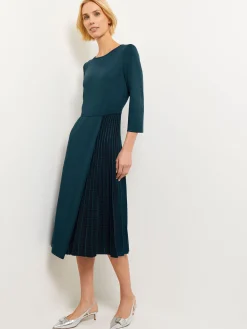Dresses|Misook Pleated Contrast Panel Soft Knit Dress MarineTeal/Black