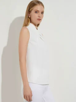 Blouses & Shirts|Tops & Tees|Misook Pleated Crossover Collar Crepe de Chine Blouse White
