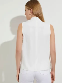 Blouses & Shirts|Tops & Tees|Misook Pleated Crossover Collar Crepe de Chine Blouse White