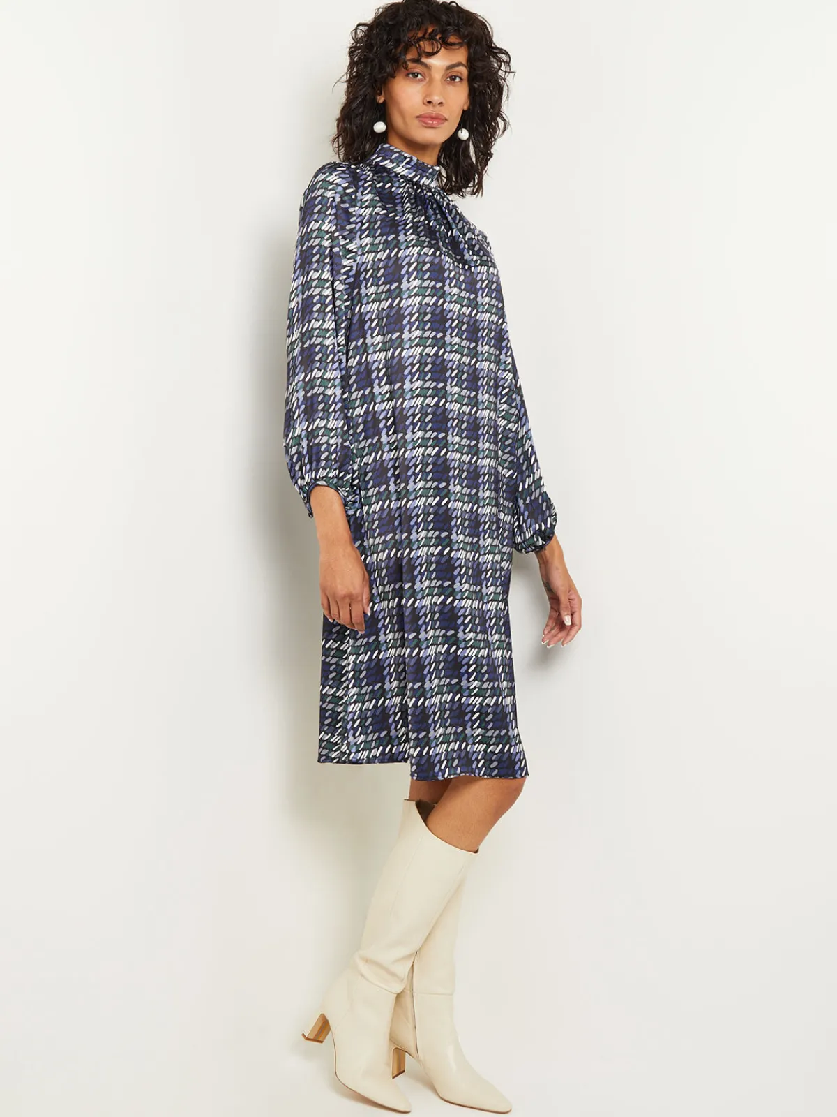 Dresses|Misook Pleated Mock Neck Crepe de Chine Printed A-Line Dress Oceanic/HunterGreen/NeutralGrey/Arctic/White/Black