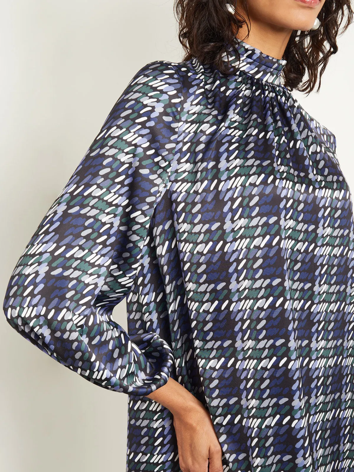Dresses|Misook Pleated Mock Neck Crepe de Chine Printed A-Line Dress Oceanic/HunterGreen/NeutralGrey/Arctic/White/Black