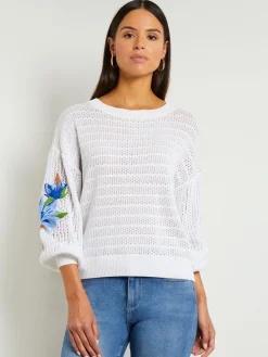 Tops & Tees|Misook Pointelle Top - Balloon Sleeve Sweater | White/SatinSky/CirrusBlue/MatisseGreen/ItalianClay