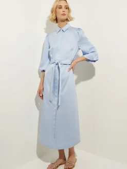 Dresses|Misook Puff Sleeve Cotton Midi Shirtdress CirrusBlue