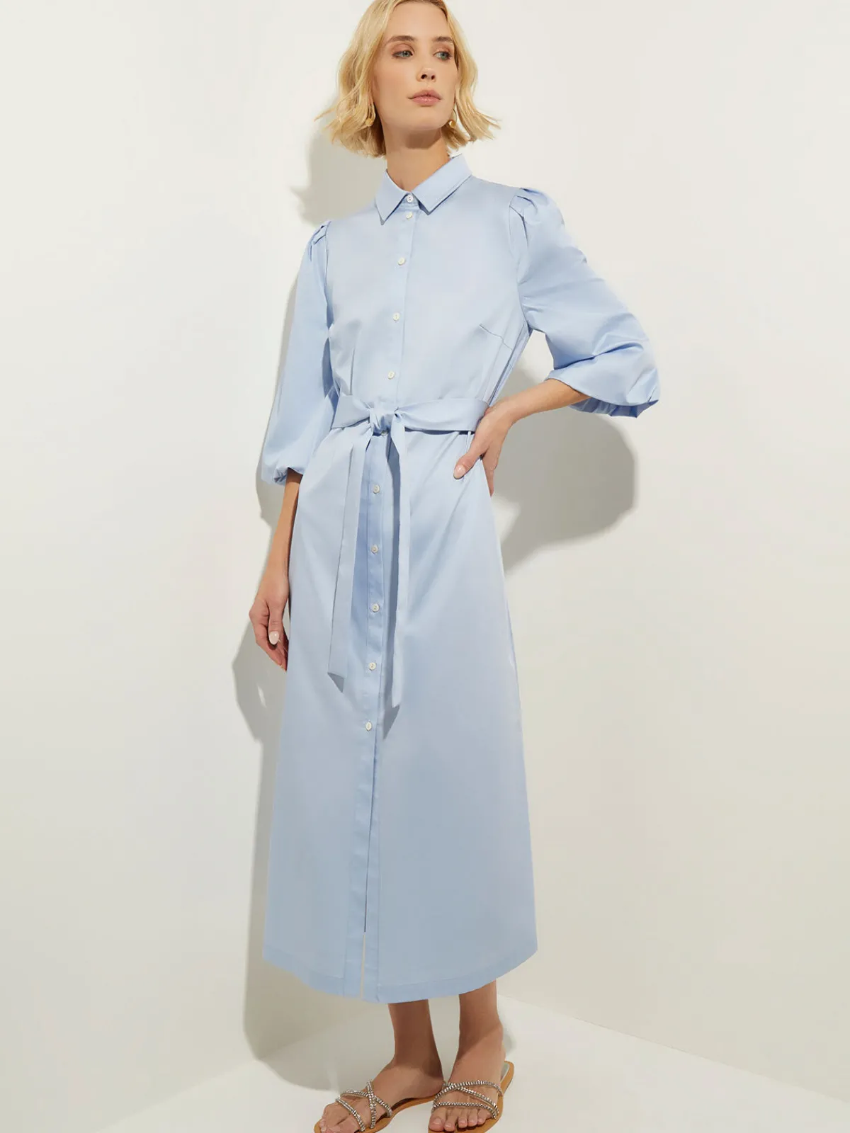 Dresses|Misook Puff Sleeve Cotton Midi Shirtdress CirrusBlue