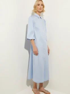 Dresses|Misook Puff Sleeve Cotton Midi Shirtdress CirrusBlue