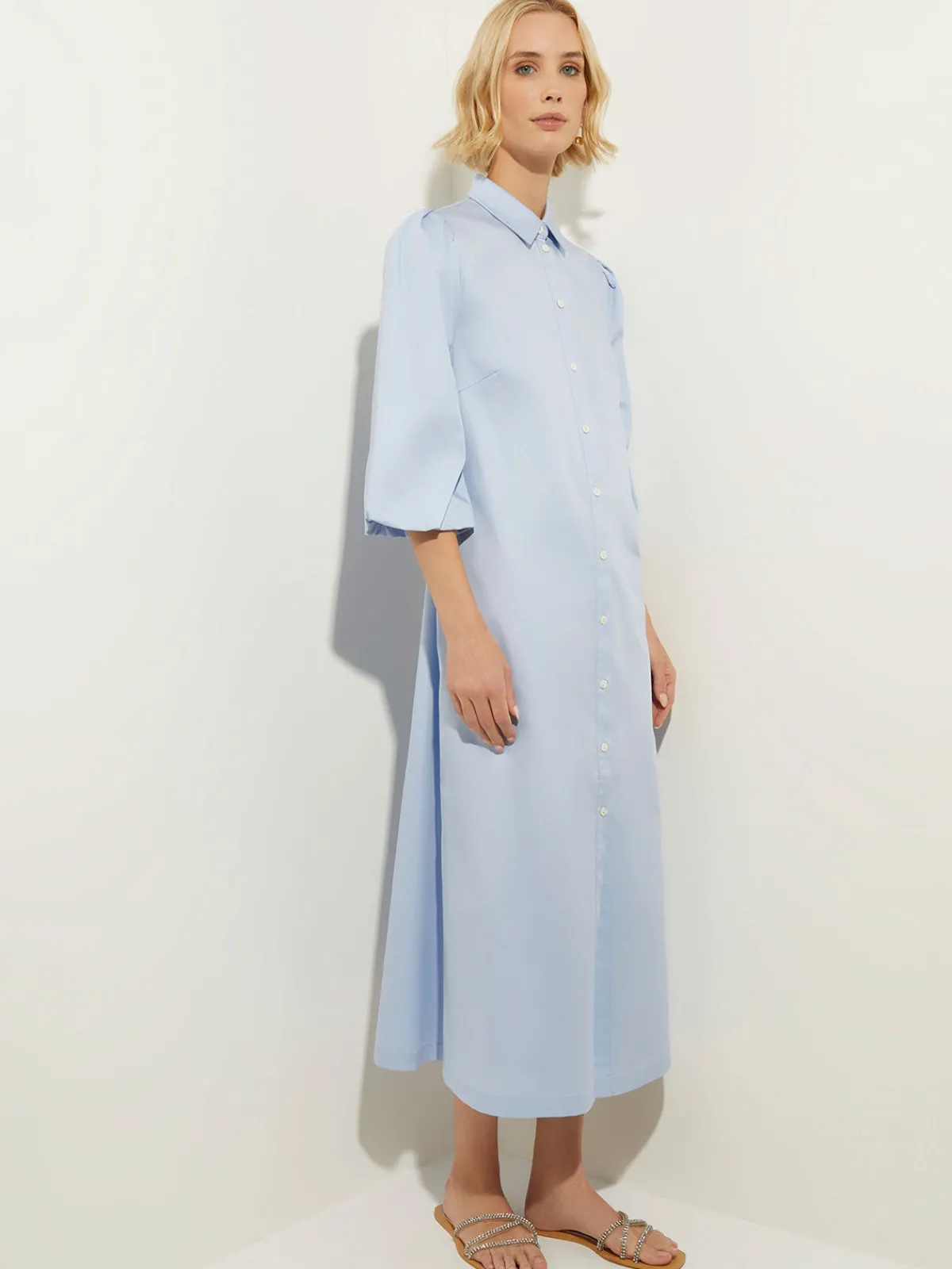 Dresses|Misook Puff Sleeve Cotton Midi Shirtdress CirrusBlue