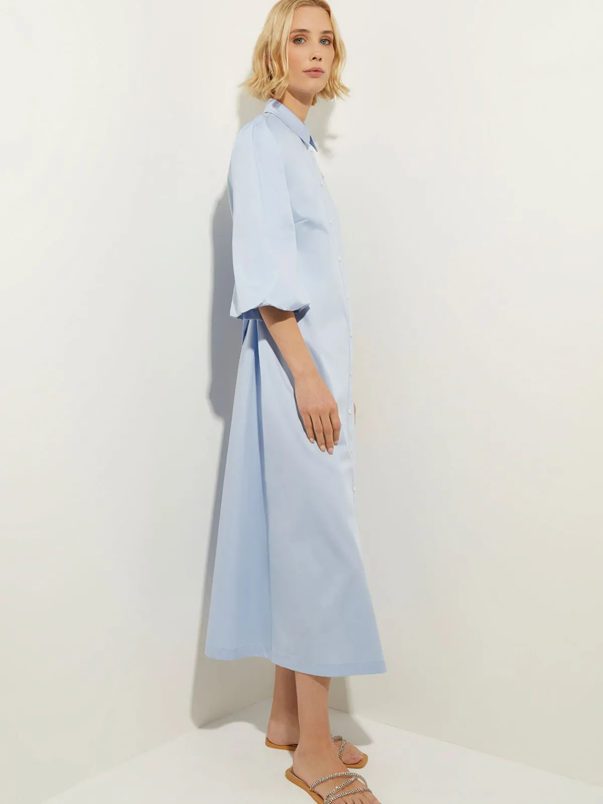 Dresses|Misook Puff Sleeve Cotton Midi Shirtdress CirrusBlue