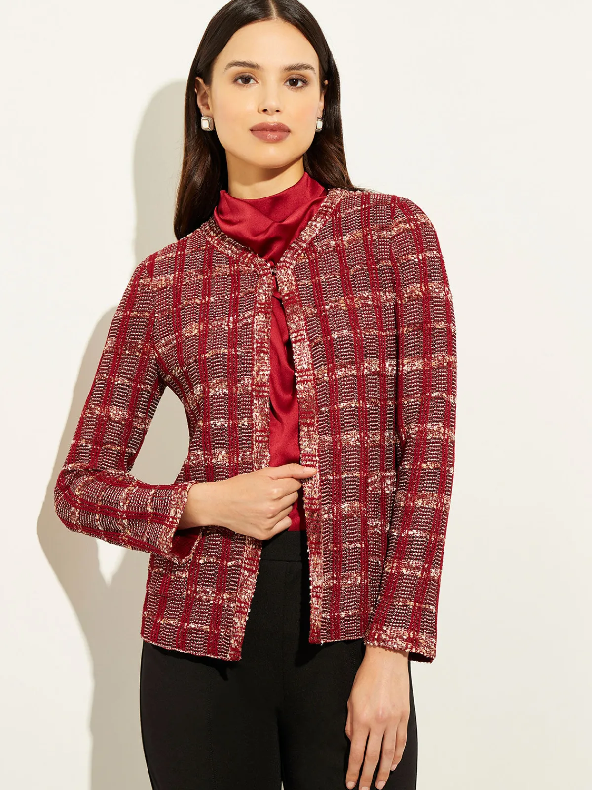 Jackets & Coats|Misook Red Plaid Jacket - Womens Tweed Jacket | ScarletRed/Mahogany/ItalianClay/Biscotti/Black