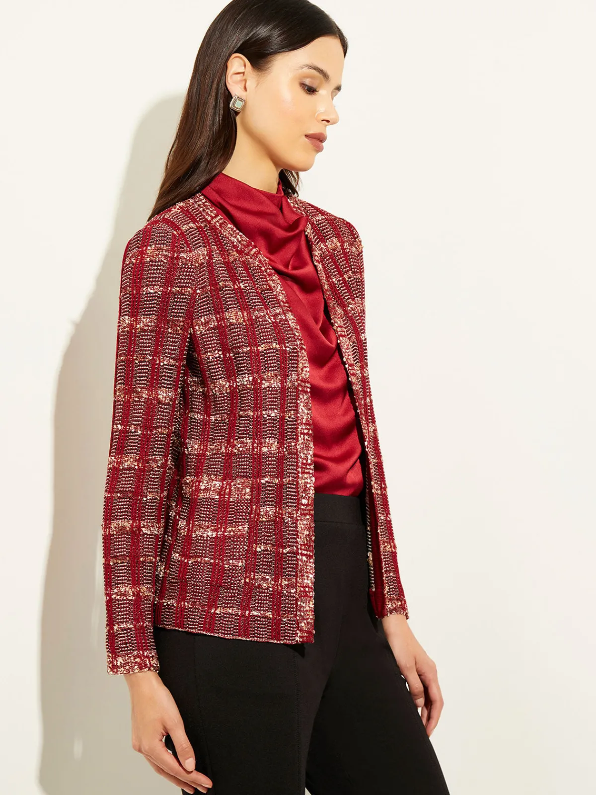 Jackets & Coats|Misook Red Plaid Jacket - Womens Tweed Jacket | ScarletRed/Mahogany/ItalianClay/Biscotti/Black