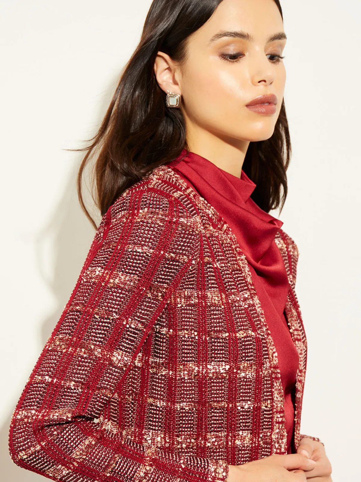 Jackets & Coats|Misook Red Plaid Jacket - Womens Tweed Jacket | ScarletRed/Mahogany/ItalianClay/Biscotti/Black