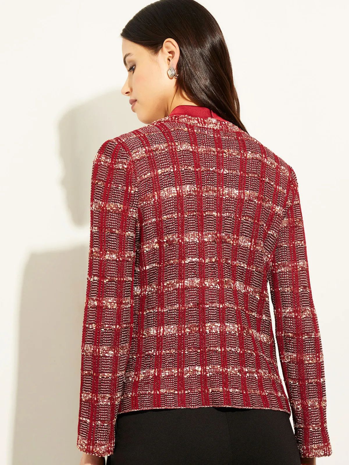 Jackets & Coats|Misook Red Plaid Jacket - Womens Tweed Jacket | ScarletRed/Mahogany/ItalianClay/Biscotti/Black