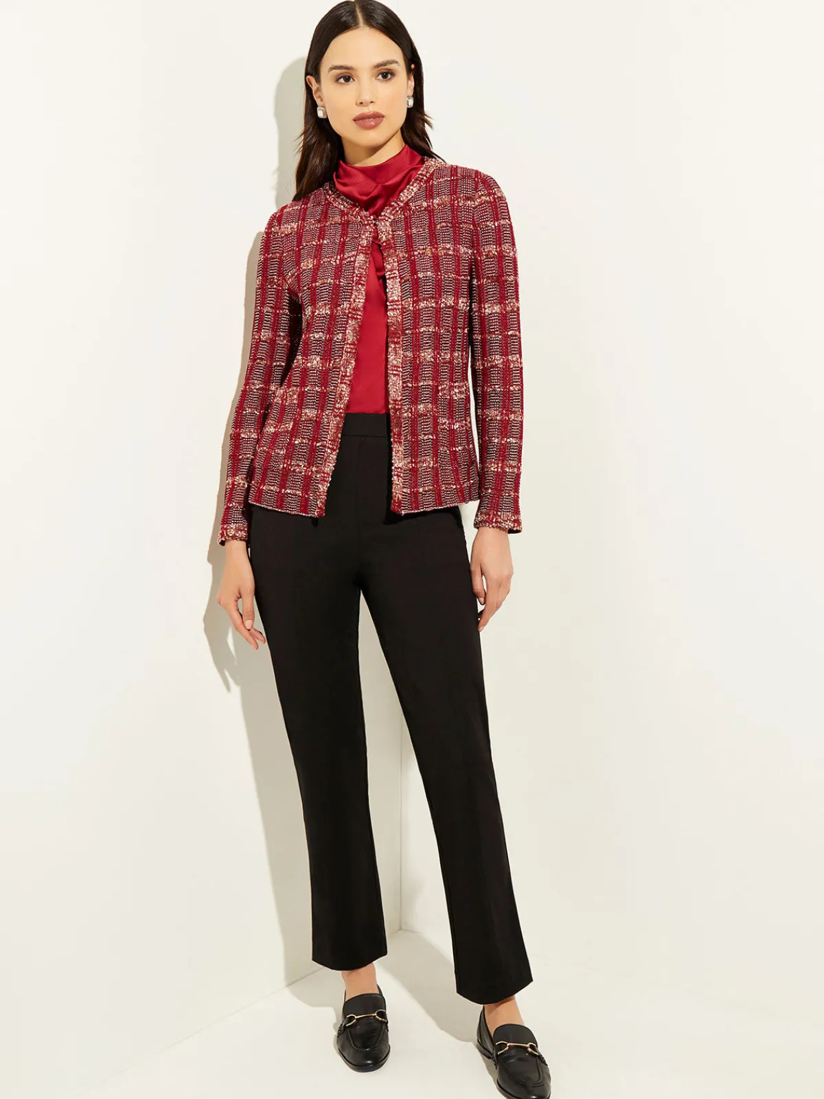 Jackets & Coats|Misook Red Plaid Jacket - Womens Tweed Jacket | ScarletRed/Mahogany/ItalianClay/Biscotti/Black
