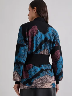 Jackets & Coats|Misook Relaxed Fit Abstract Inset Waist Jacquard Knit Cardigan TidalTeal/Black/Mahogany/Macchiato