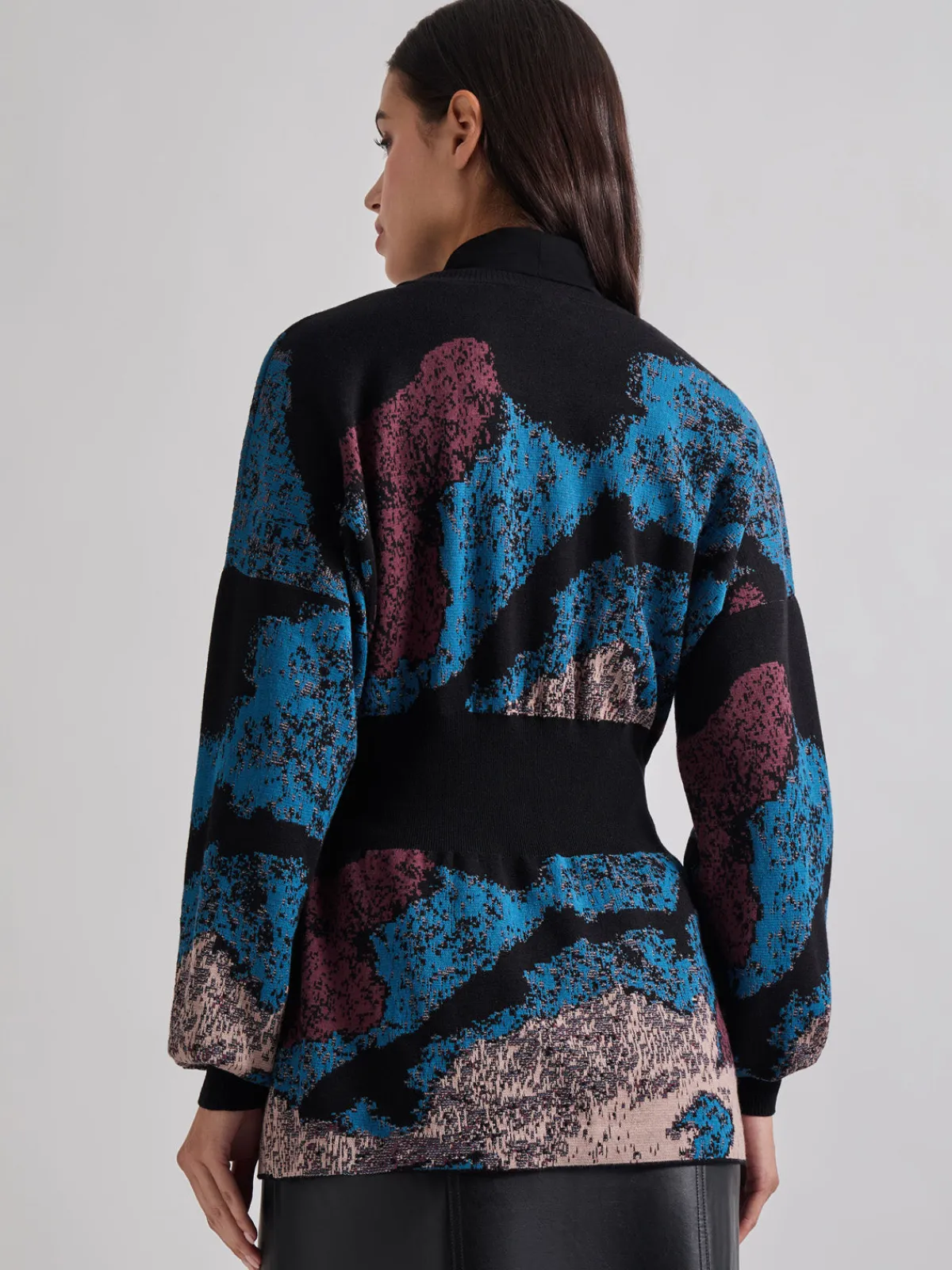 Jackets & Coats|Misook Relaxed Fit Abstract Inset Waist Jacquard Knit Cardigan TidalTeal/Black/Mahogany/Macchiato