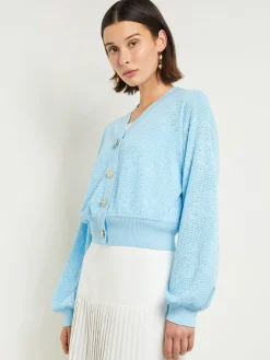 Jackets & Coats|Misook Relaxed Fit Button Front Jacket - Balloon Sleeve Soft Burnout Knit CaribbeanMist
