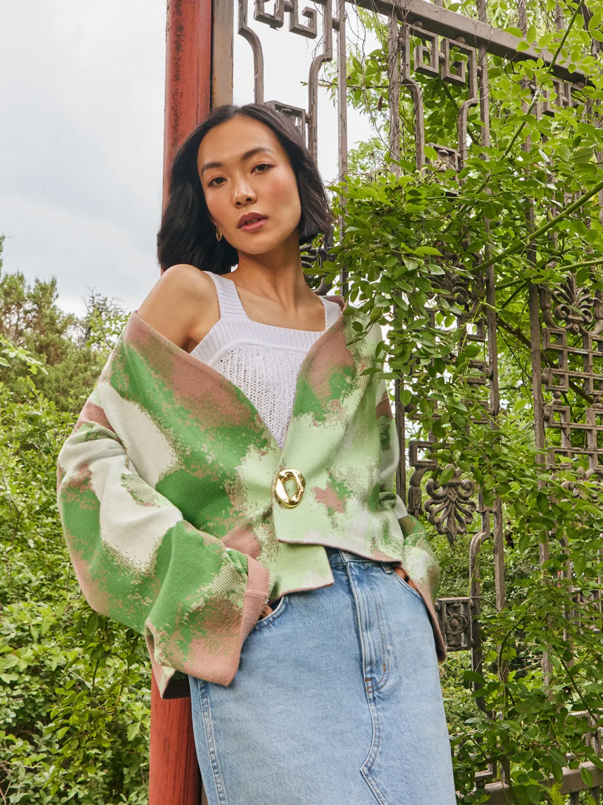 Jackets & Coats|Misook Removable Pin Crossover Jacket - Bell Sleeve Recycled Jacquard Knit VerdantClover/ParadiseGreen/Charmeuse/White